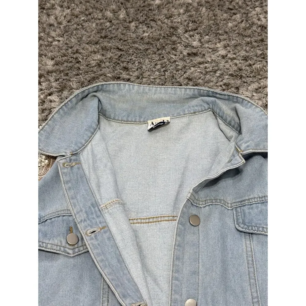 Arula Women’s Denim Jacket Plus Size 3X Light Wash Pearl Sequin Lace Embellished - Picture 12 of 15